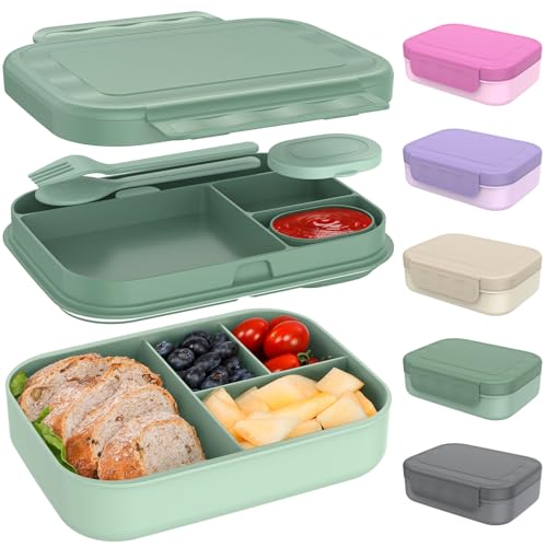 Caperci Stackable Bento Lunch Box for Adult & Teens - Reinforced Leak-Proof Lunch Container 4-Compartment with Utensils & Sauce Container, BPA-Free, Dishwasher/Microwave Safe, 47oz (Khaki Green) - color: Khaki Green