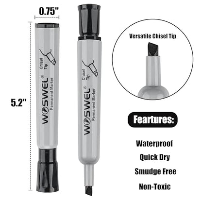 WOSWEL 150 Pack Permanent Markers Bulk, Chisel Tip, Black, Jumbo Thick Large Permanent Markers, Wide Tip Markers, Works on Plastic,Wood,Stone,Metal and More, Perfect for Signs and Posters