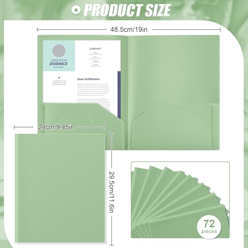 Gueevin 72 Pack Plastic Folder with Pockets, 2 Pocket Folders, Plastic Glossy Folders Fit Letter Size Paper, Heavy Duty Durable File Folder with Business Card for Home Office School (Sage Green) - color: Sage Green