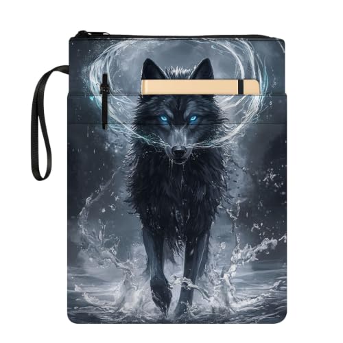 Padded Book Sleeve with Zipper & Front Pocket, Fabric Book Cover | Mystic Smoke Black Wolf11.4"x8.7" Washable Canvas Pouch for Hardcovers, Tablets & Reading Accessories - color: Mystic Smoke Black Wolf
