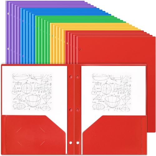 Yeaqee 50 Pcs Plastic Folders with Pockets Bulk 3 Hole Punched 2 Pocket File Folders for 3 Ring Binder Divider Folder for Notebooks, Durable Poly for Office Home (Multicolor) - color: Multicolor