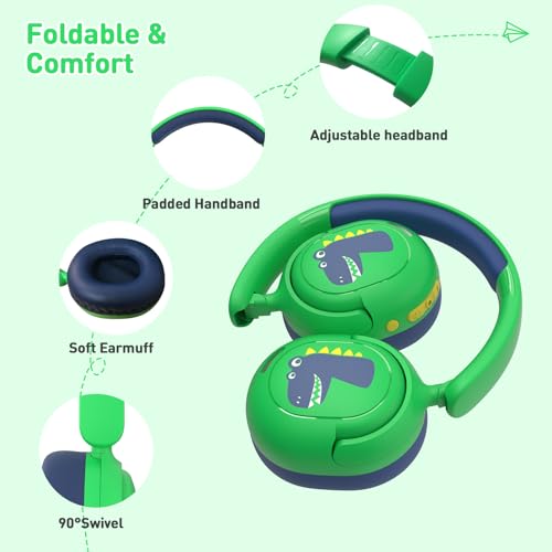 Bluetooth Kids Headphones, Wireless Headphones for Kid with Mic, 75/85/94dB Volume Limited, Includes 3.5mm Aux Cord, Foldable Dinosaur Teens Headset for School, Home, Travel, Tablet - style: Dinosaur