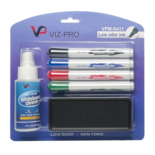VIZ-PRO Dry Erase Marker Starter Set, Low-Odor Whiteboard Pens, Eraser and White Board Cleaner, Assorted Colors, 6-Piece Kit - size: 6 Count (Pack of 1)