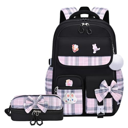 NSEQB Girls Backpack,Kids School Backpack With Lunch Box Pencil Case Set,Cute Childrens Schoolbag For Girls - color: Black-2PCS