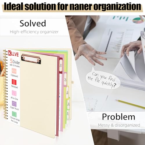 Beige Foldable Spiral Clipboard Folio with Storage Zipper Pouch, 5 Plastic Folders with Pockets,Refillable Lined Notepad (8.5" x 11"), Hardcover Project Organizer with 39 Stickers - color: Beige