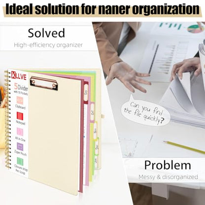 Beige Foldable Spiral Clipboard Folio with Storage Zipper Pouch, 5 Plastic Folders with Pockets,Refillable Lined Notepad (8.5" x 11"), Hardcover Project Organizer with 39 Stickers - color: Beige