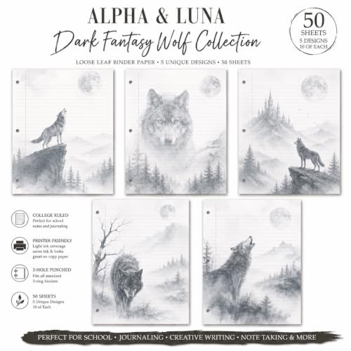 Alpha & Luna Dark Fantasy Wolf Loose Leaf Paper, 50 Sheets, College Ruled