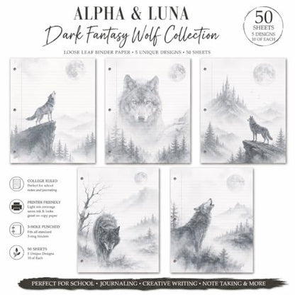 Alpha & Luna Dark Fantasy Wolf Loose Leaf Paper, 50 Sheets, College Ruled