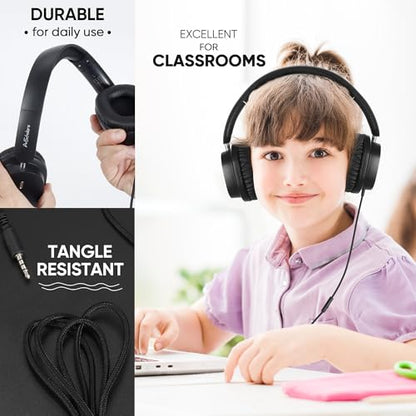 Kids Wired Headphones for School, 5-Pack, Foldable with Mic | Stereo sound, Comfortable over-ear fit, 3.5 mm jack, Ideal for classrooms, iPads, tablets, computers and travel - color: 5 Pack-Black