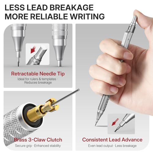 WUO Mechanical Pencils 0.7mm, 3 Silver Metal Drafting Pencils with 480 HB Lead Refills, Precision Eraser Pen, 4B Erasers & Case, Mechanical Pencils for Writing, Drawing, Sketching & School - color: Silver, size: 0.7