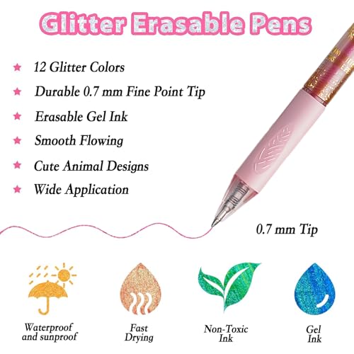 12PCS Cute Glitter Erasable Gel Pens, Multicolor Fine Point 0.7mm, Retractable, for Journaling, Drawing, Note Taking - color: Multicolor