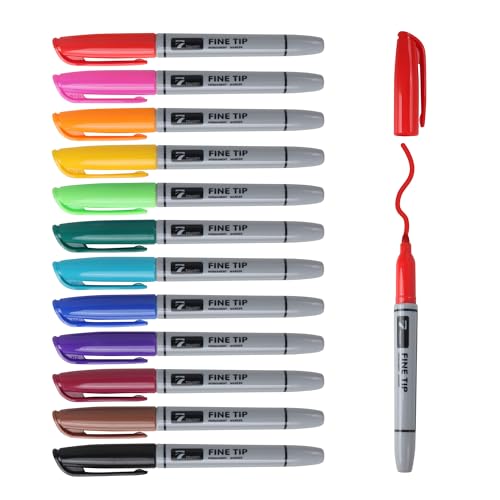 TOWON 12 Permanent Markers - Assorted Colors Drawing Marker Pens Set, Waterproof Quick Drying Fine Tip Colored Artists Markers for Adults Coloring - color: 12colors