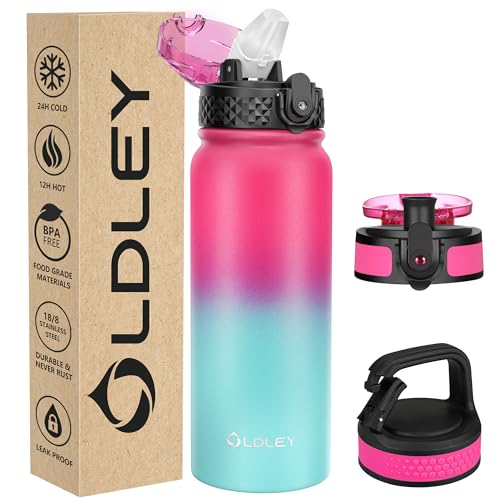 Oldley Insulated Water Bottle 20oz Water Bottles with Straw, Stainless Steel Water Bottle with 3 Lids, Double Wall Vacuum Bottels for Adults School Kids,Leak-Proof Sport Bottles, Rose Red-Green - color: Rose Red-Green, size: 20 Ounces