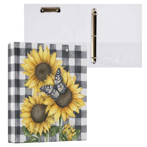 Buffalo Plaid Farmhouse Sunflower Binder 3 Ring 1.5 Inch Binder with Clipboard&Pockets, Hardcover Binders Heavy Duty Large File Folder for Office School Supplies - Holds 200 Sheets - color: Checkered Bg Rustic Sunflower, size: 1 Pack-12.4x10.63in