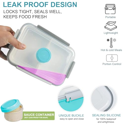 3 Pack Salad Lunch Box Food Storage Containers, 47oz Bento Box To Go Container with Lids, Meal Prep Containers with Removable Tray & Dressing Pots for Kids and Adults, Reusable and Microwave Safe - color: Blue & Blue & Blue