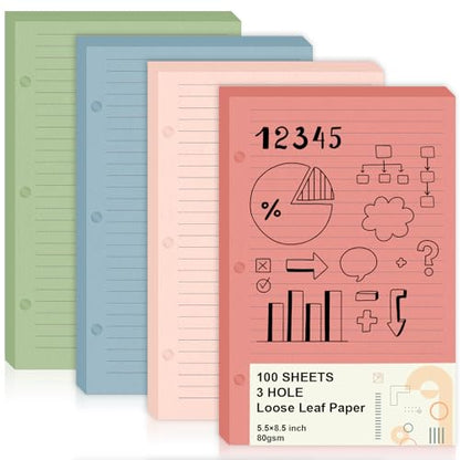 100 Sheets Mini Loose Leaf Paper 5.5 x 8.5 Mini Binder Paper 3 Ring Colored Lined Paper College Ruled 3 Hole Punched Lined Papers Small Notebook Refill Pages Planner Inserts for School Office - style: Lined