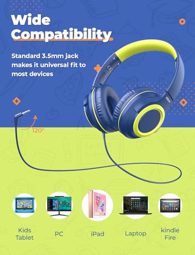 iClever 2Pack Kids Headphones with Sharing Splitter - 85dBA Safe Volume Limited - HS22 Wired Headphones for Kids Teens, Tangle-Free 3.5mm Jack Foldable Stereo Headphone for School/Tablet/Travel - color: Purple & Green