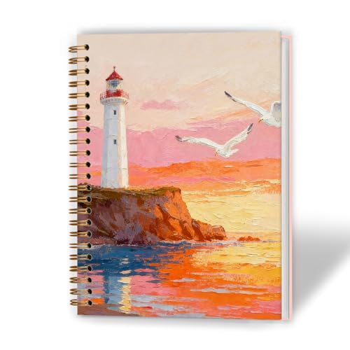 XUNLURY Coastal Beach Notebook, Pastel Pink Coastal Lighthouse Sunset Journal, Nautical Ocean Aesthetic Journal, Beach Lover Gifts Hardcover Spiral Notebooks, 5.5x8.3 Inch - color: Color_B