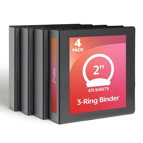 Cardinal Economy 3 Ring Binder, 2 Inch, Presentation View, Black, Holds 475 Sheets, Nonstick, PVC Free, 4 Pack of Binders (79522) - size: 2-Inch