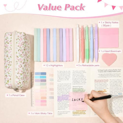 22Pcs Book Annotation Kit Aesthetic Pencil Case with Supplies School Annotation Supplies Gel Pen Transparent Sticky Note Taking Bible Study College Stationery Supplie (Pink Floral) - color: Pink Floral