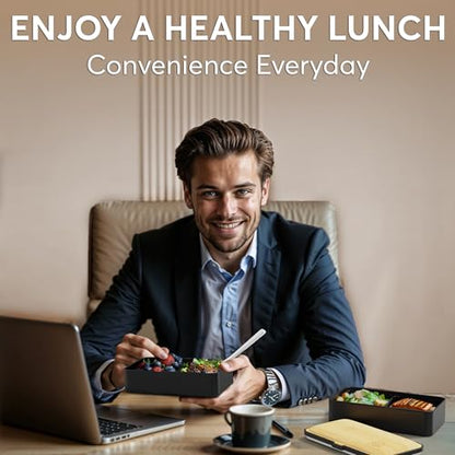 Umami Bento Box Adult, Leakproof, All-in-1 Lunch Containers for Adults | 40 oz, microwave & dishwasher safe, 4 utensils & sauce jar included, stackable, BPA-free, Black & Bamboo - color: Black & Bamboo, size: M - 40 oz