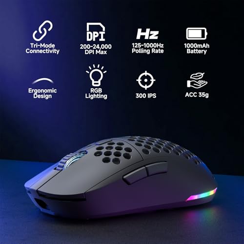 DIERYA M1 Wireless Gaming Mouse, 24000DPI, 180Hrs Battery, 16.8M RGB, 6 Programmable Buttons, Lightweight, Tri-Mode (2.4G/BT5.2/USB-C) for PC/Mac/Laptop - Black - color: Black