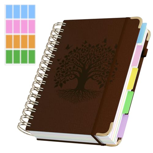 QIYVLOS Hardcover Spiral Notebook, A5 Journal with Removable Dividers Tabs, 5 Subject Notebook College Ruled, 320 Pages 6"x8" Leather Notebooks for Work School Study, Lined Journal for Women, Brown - color: A5/Brown
