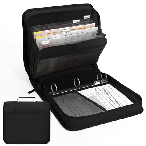 SUNEE Zipper Binder with Handle, 1.5 Inch O-Ring, 325 Pages Capacity, with 5-Tab Expanding File Folder for Classified Storage, Small Size Lightweight Zipper Bag for Middle School Students, Black - color: Black