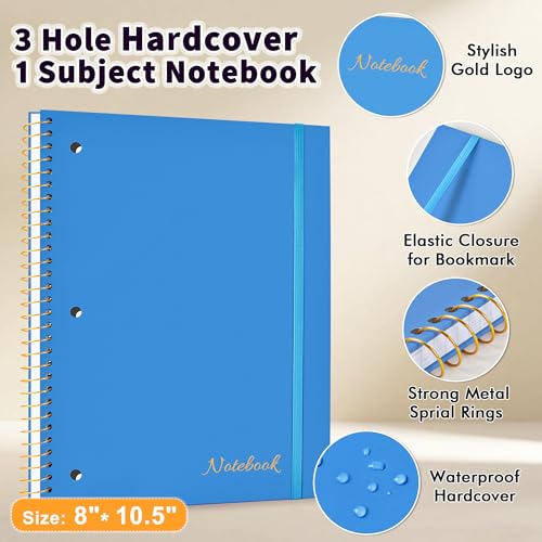 MUAHLIUB Spiral Notebook Wide Ruled Paper 8" x 10 1/2", 1 Subject Spiral Notebook, 3-Hole Punched Perforated Pages Ideal for School, Office, Writing, 95 Sheets Lined Journaling Notebook, Blue - color: Blue