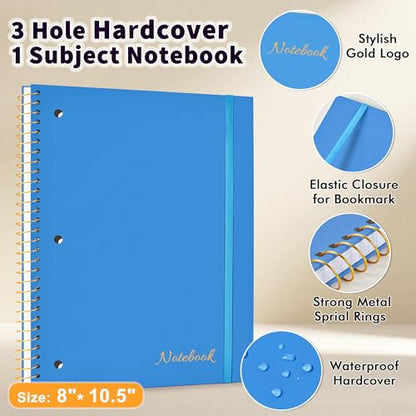 MUAHLIUB Spiral Notebook Wide Ruled Paper 8" x 10 1/2", 1 Subject Spiral Notebook, 3-Hole Punched Perforated Pages Ideal for School, Office, Writing, 95 Sheets Lined Journaling Notebook, Blue - color: Blue