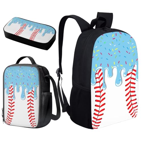 Baseball Backpack School Set 3Pcs with Lunch Box Pencil Case Sports Bookbag Back Pack with Compartments Portable Lunch Bag for Elementary School Students - color: Baseball-a