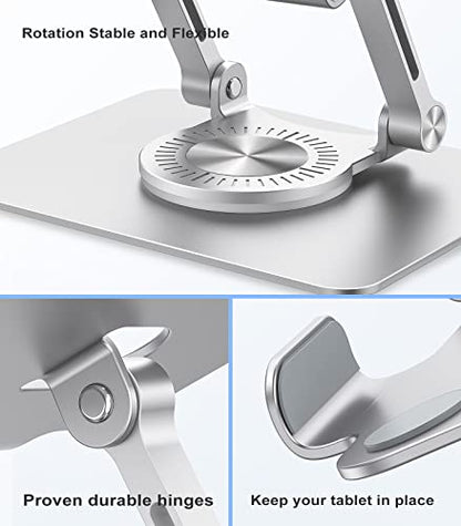Adjustable Tablet Stand with 360° Swivel Base, Aluminum Holder for 5.8–12.9" Tablets & Switch, Silver