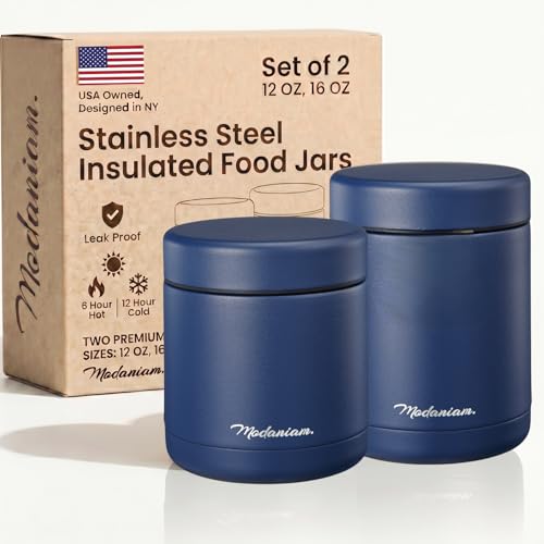 Modaniam Stainless steel Insulated Food Jars set (16Oz + 12 OZ) wide mouth, Insulated Lunch Containers,Insulated food container, Hot Food Lunch Container, Hot Lunch Box - Midnight Navy - color: Zee-MidnightNavy