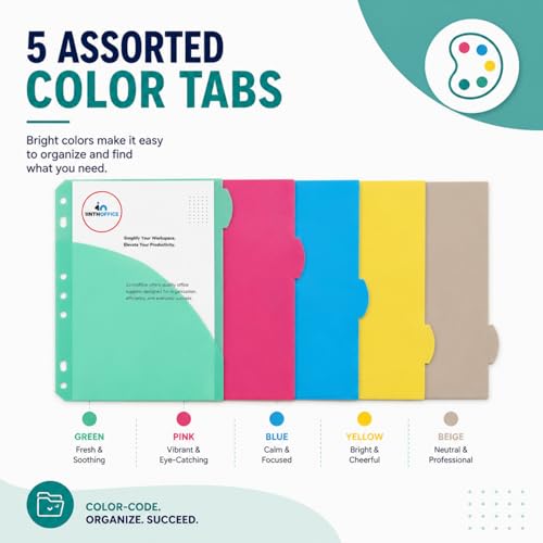 1InTheOffice Mini Binder Divider, Pocket Divider tabs with Pockets, 8.5"x 5.5" 5-Tab Assorted Colors, 2 Pack