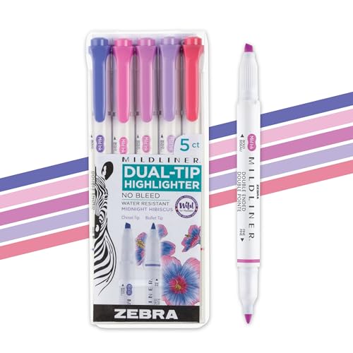 Zebra Pen Mildliner Dual-Tip Highlighter Set, Broad and Fine Tips, No Bleed, Ideal for Bible Highlighting, Journaling and Note-Taking, Assorted Midnight Hibiscus Ink Colors, 5-Pack (78375) - color: Midnight Hibiscus