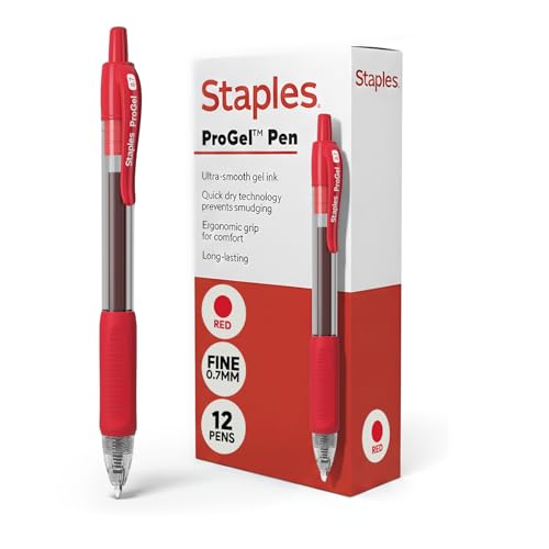 STAPLES Retractable Gel Pens, Fine Point, Red Ink, 12 Pack – Smooth Writing, Quick‑Dry Pens for Notes, Editing & Office Use - color: Red, size: 12 Pack, style: Fine Point