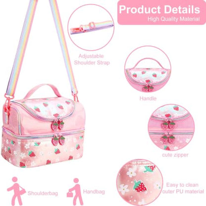 RHCPFOVR Kids Lunch Bag - Double Decker Cooler Insulated Lunch Box for Girls,Washable Lunch Bag and Reusable Toddler Lunchbox for School and Daycare - color: Strawberry