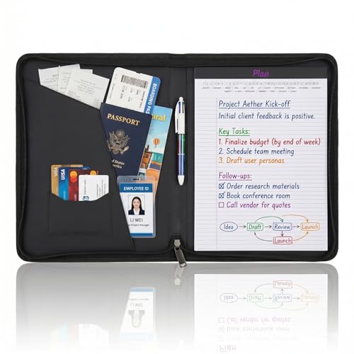 OOWOLF Padfolio Portfolio Folder, PU Leather Professional with 8.5 x 11 Letter Size Writing Pad Interview Resume Document Organizer Business Card Holder Zippered Closure - color: Black, size: 8.5 x 11 Inch