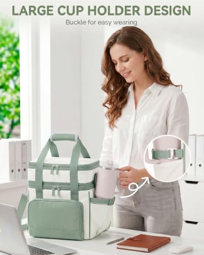 HOMESPON Double Layer Lunch Bag for Women Men, 14L Large Insulated Lunch Box with Shoulder Strap, Expandable Cooler Tote with Cup Holder for Work Office Picnic, Green - color: Green