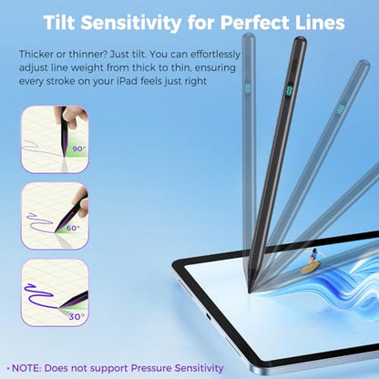 Stylus Pencil for iPad,Compatible with 2026-2018 iPad/Pro/Air/mini（Black） | (5 Extra Tips) with Magnetic Attachment,Tilt Sensitivity Palm Rejection,USB-C Faster Charge - color: Black
