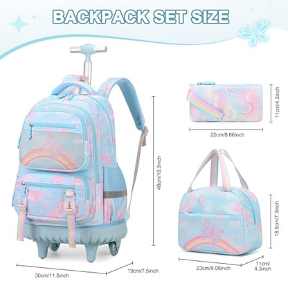 Scothen Rolling Backpack for Girls, 3PCS Roller School Backpacks for Girls with Lunch Bag and Pencil Pouch, Kids Bookbag Schoolbag with Wheels for Teen Girl Kindergarten Elementary Middle School - color: Blue