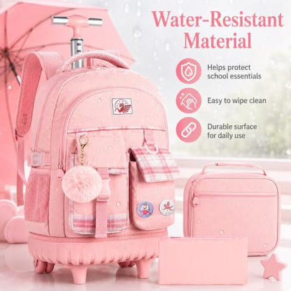 gxtvo 3PCS Rolling Backpack for Girls, Women Wheeled Bookbag with Lunch Box for Adults, Kids Water Resistant Roller School Bag for Teens Travel - Pink - color: 3pcs Set Pink