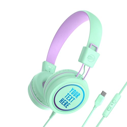 MEE audio KidJamz KJ55 Personalized USB-C Safe Listening Wired Headphones for Kids with Custom LED-Backlit Design, Volume Limiter, & Microphone for iPhone 15, iPad, & USB Type C Devices (Mint) - color: Mint, style: USB-C Customized