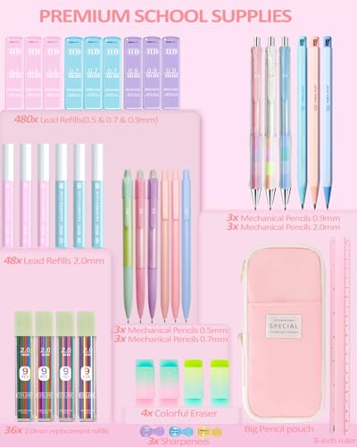 JIZHIYUAN Mechanical Pencil Set with Pink Pencil Case,12X Pastel Mechanical Pencil 0.5mm-2.0mm with 564X HB+36X Color Leads for Writing, Drafting, Drawing, Sketching Ideal College Study Essentials - color: Pink