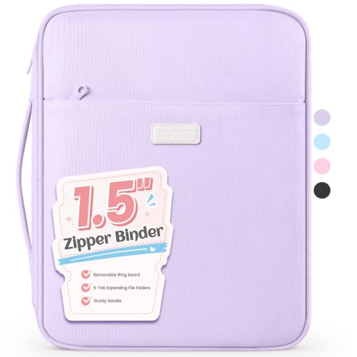 Sooez Zipper Binder Bag, 1.5 Inch Binders 3 Ring O-Ring, 5-Tab Dividers Expanding File Folder, 650-Sheet Capacity Paper Organizer, Cute Organizer Storage for Student School Classroom Supplies, Purple - color: Purple