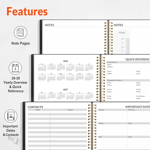 SUNEE 2026-2027 Appointment Book, Quarter-Hourly, Weekly & Monthly - from July 2026 to June 2027, 6.4"x8.3" Academic Planner, Flexible Cover, Note Pages, Bookmark, Spiral Binding, Black - color: Minimalist Black