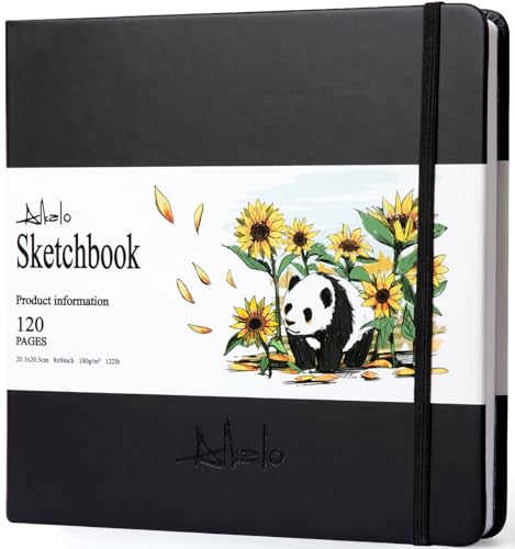 Square Sketchbook for Drawing, 120 Pages Sketch Book, 122LB/180GSM Thick Paper, Mixed Media Sketchbook for Charcoal Pencil, Inks Pen, Colored Pencil, Acrylic Marker, Oil Pastel - color: Back, size: Medium (8×8INCH)