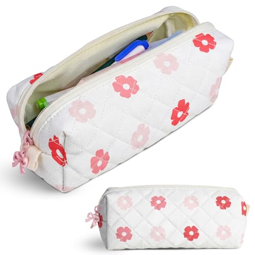 Cute Quilted Pencil Case for Girls Women, Aesthetic Small Floral Pencil Pouch,Slim Soft Pencil Bag for School Supplies Makeup Pouch for School & Daily Use (Big Pink Floral) - color: Big Pink Floral