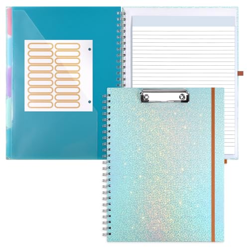Glitter Clipboard Notebook with Storage for Letter Size, 8.5 x 11 Notepad Holder with 5 Folders and Dividers, Size 12.8X 9.7 in, Spiral Portfolio for Nursing Teacher School Supplies,.Teal - color: Teal