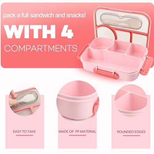 Bento Box for Adults,4 Compartments Lunch Box, Snack Containers Reusable Lunch Containers Drop-Proof, Dishwasher Safe & Made with BPA-Free Materials, Pink - color: Pink